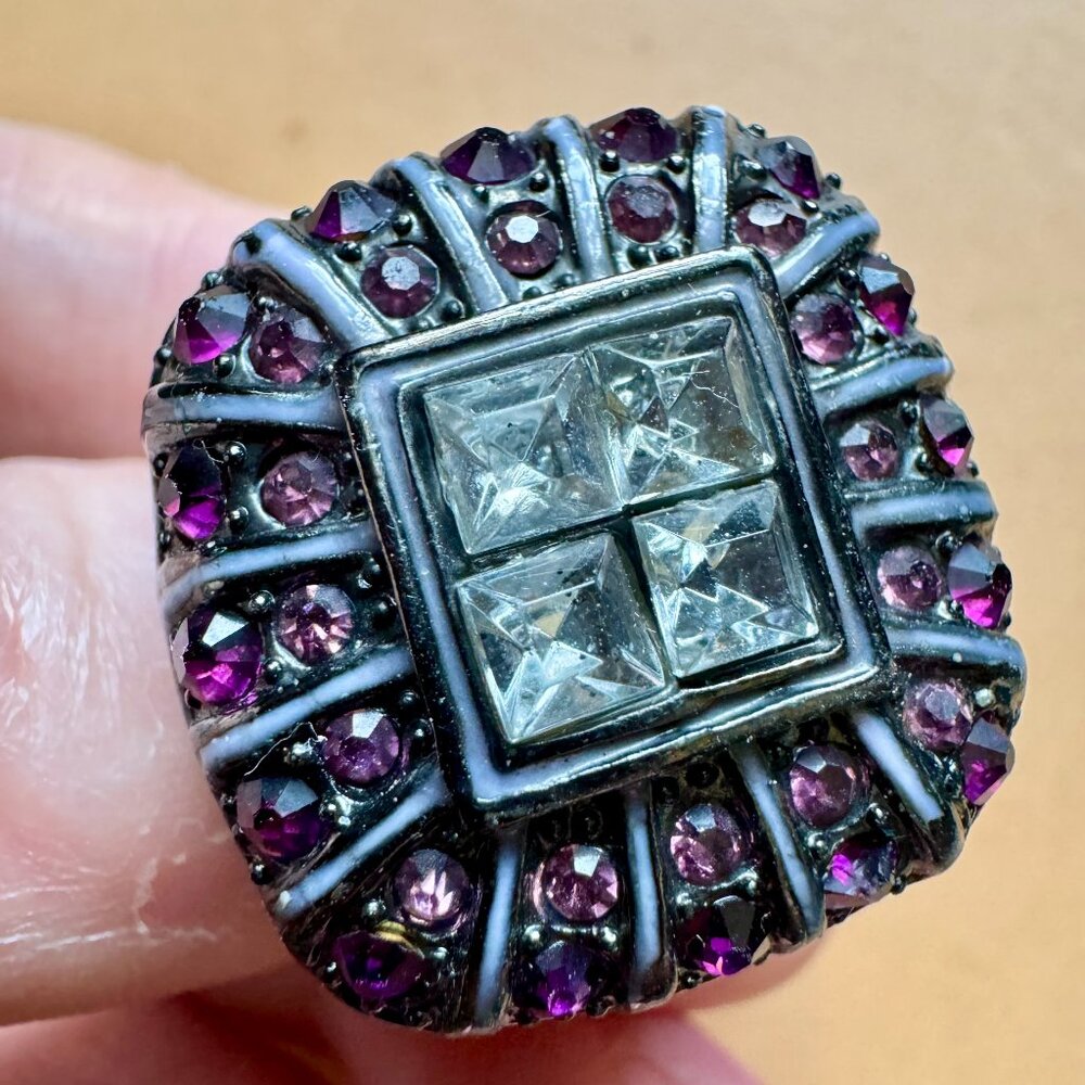 Enameled Crystal Cocktail Statement Vintage Ring Size 9
